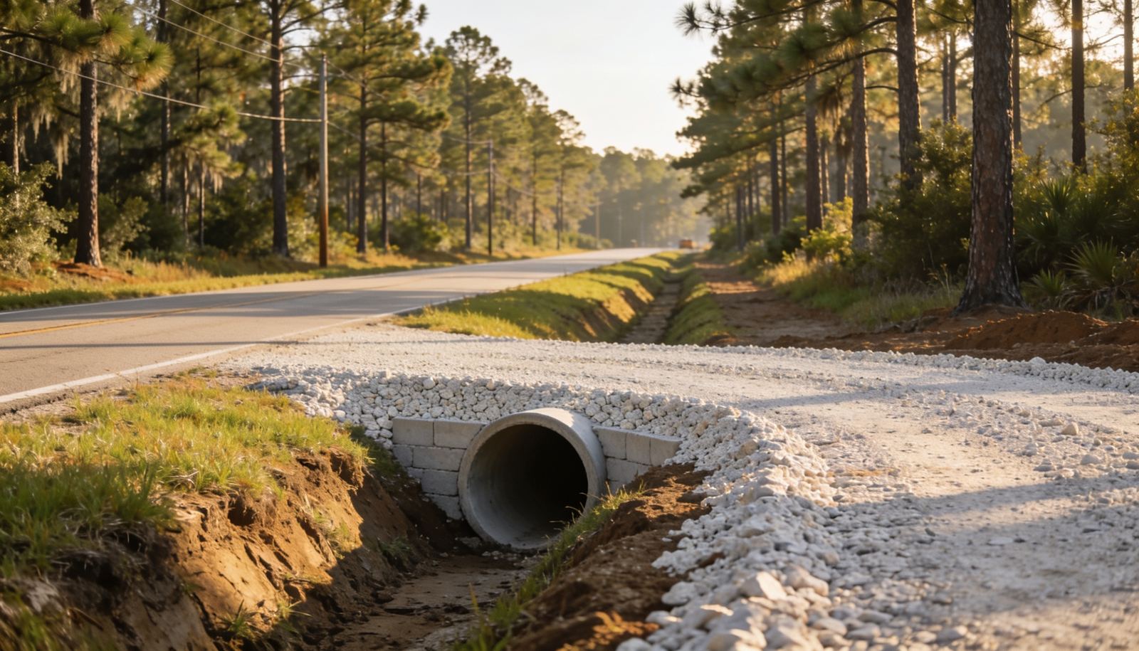 New limerock driveway with culvert pipe crossing the roadside swale on a rural Citrus County road