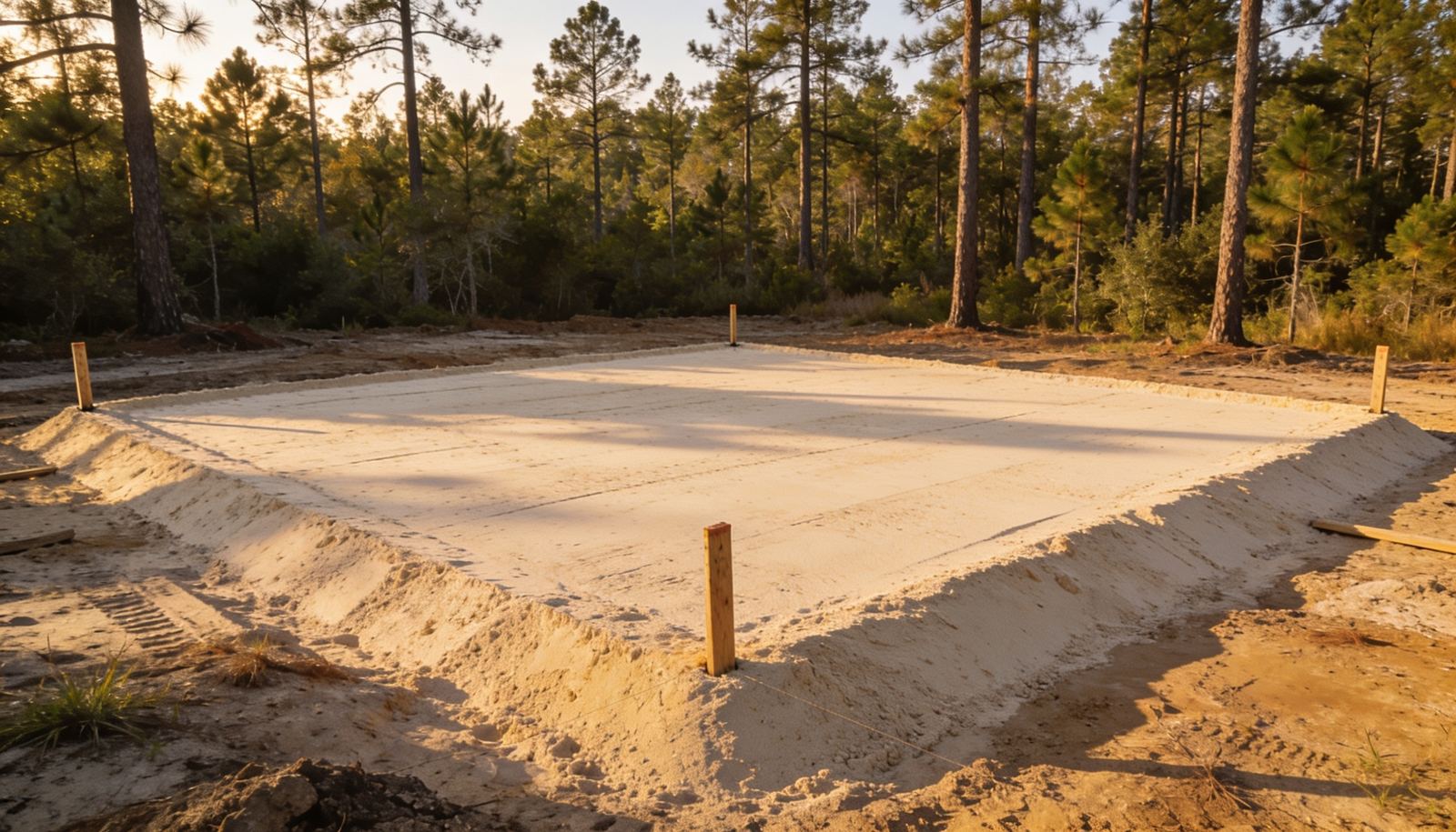 Freshly graded and compacted sand house pad with survey stakes on a cleared Citrus Springs lot