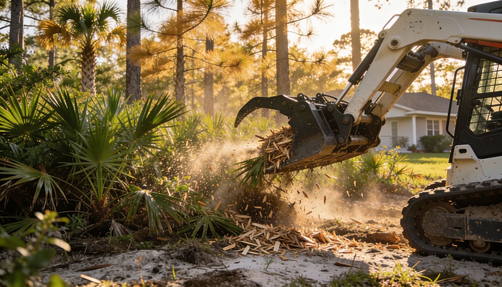 Skid steer with forestry mulcher clearing palmetto scrub on a Citrus Springs quarter-acre lot